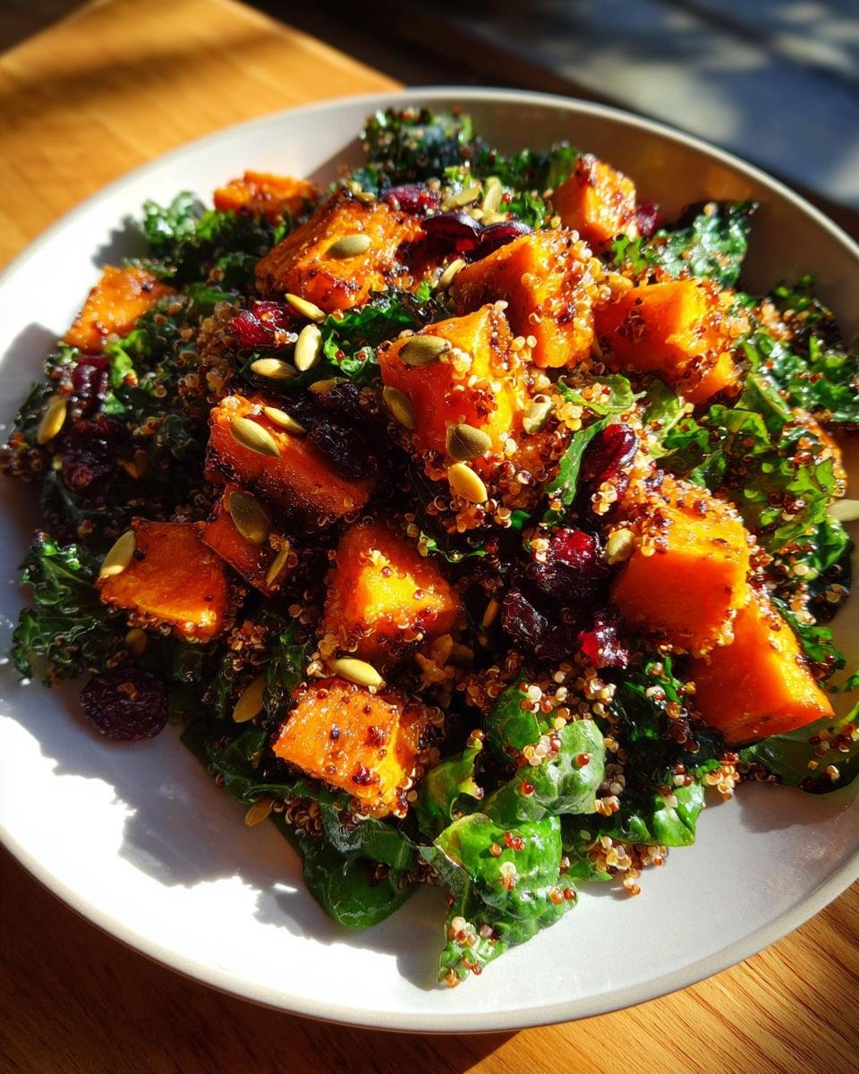 Close-up of a vibrant Harissa Roasted Sweet Potato Power Salad featuring quinoa, kale, pumpkin seeds, and dried cranberries.