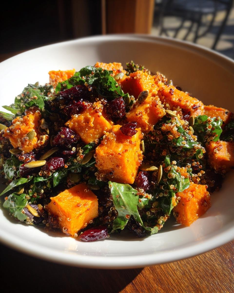 Close-up of a vibrant Harissa Roasted Sweet Potato Power Salad featuring orange sweet potato cubes, kale, quinoa, and dried cranberries.