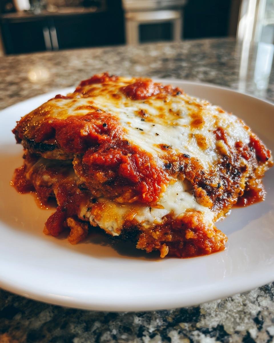 Close-up of a serving of Healthy Air Fryer Eggplant Parmesan topped with melted cheese and marinara sauce.