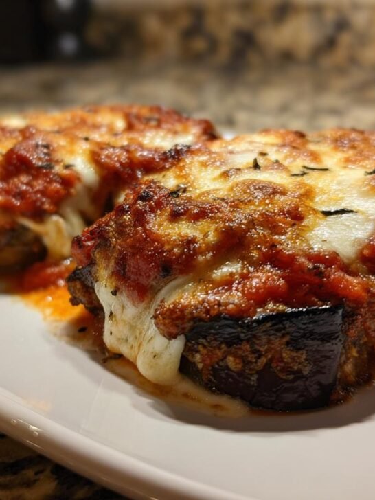 Close-up of two servings of Healthy Air Fryer Eggplant Parmesan topped with melted cheese and marinara sauce.