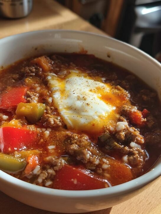 A close-up of a white bowl filled with hearty Stuffed Pepper Soup, featuring ground meat, peppers, and a poached egg on top.