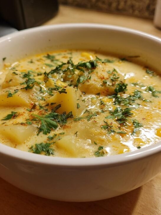 Close-up of a white bowl filled with Hearty Cheddar Garlic Herb Potato Soup, topped with fresh parsley.