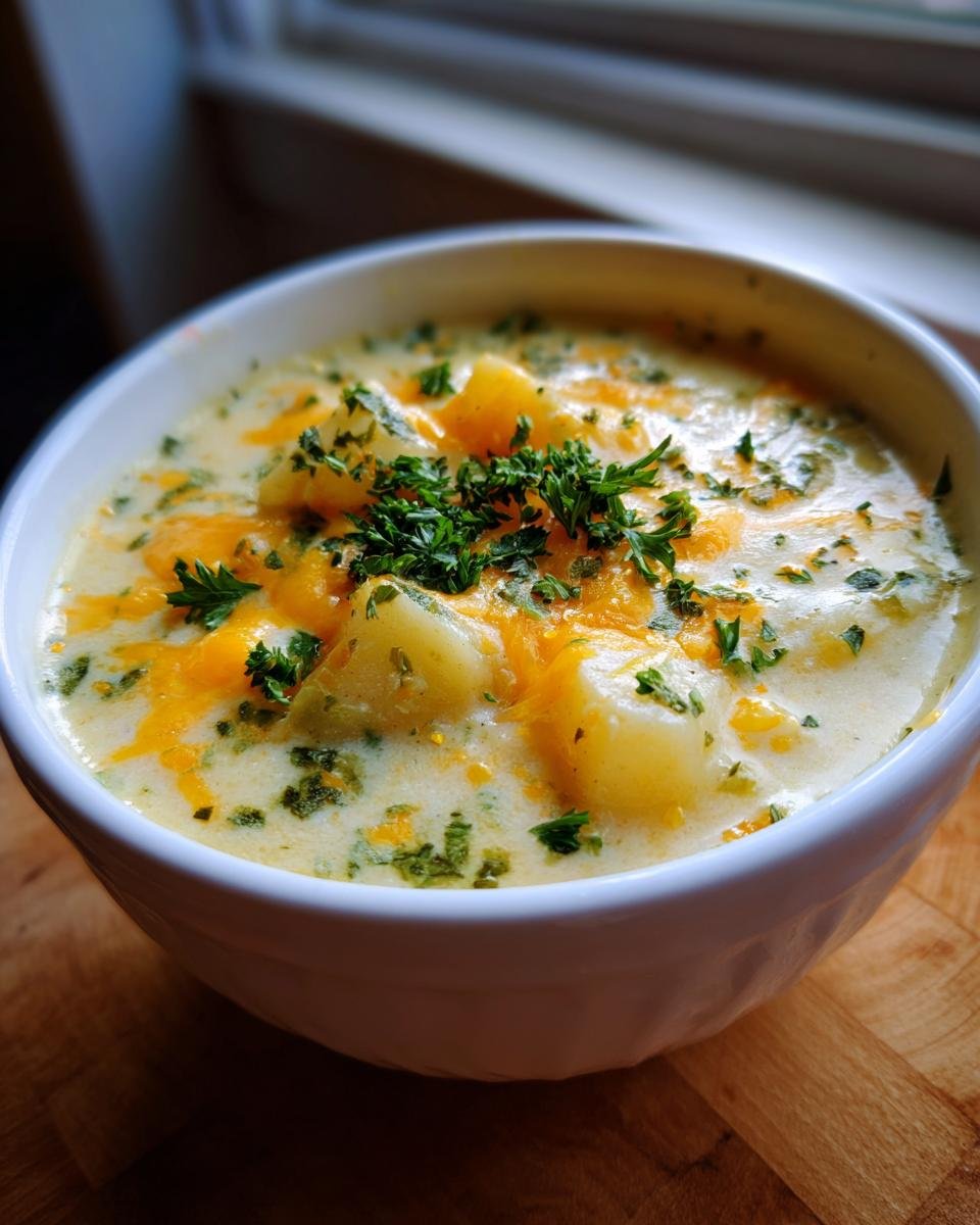Close-up of a white bowl filled with Hearty Cheddar Garlic Herb Potato Soup, topped with melted cheddar and fresh parsley.