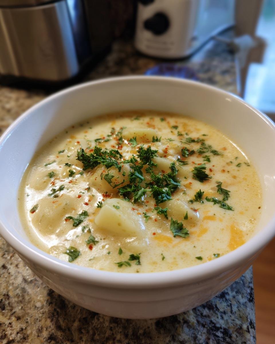 Close-up of a white bowl filled with creamy Hearty Cheddar Garlic Herb Potato Soup, topped with fresh parsley and paprika.