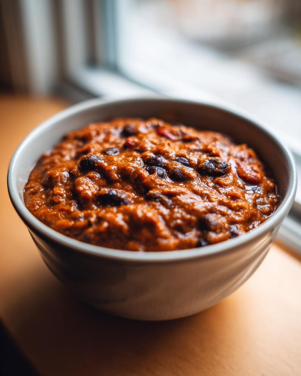 Close-up of a single serving bowl filled with thick, orange-red Hearty Pumpkin Chili Recipe and black beans.