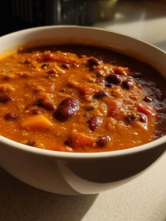 Close-up of a white bowl filled with rich, orange Hearty Pumpkin Chili Recipe featuring kidney beans.
