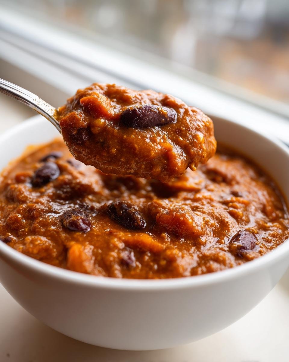 Close-up of a spoonful of thick, orange Hearty Pumpkin Chili Recipe being lifted from a white bowl.