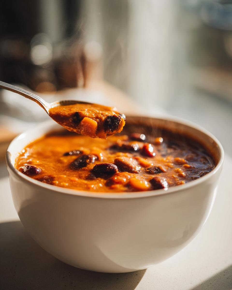 A spoonful of steaming Hearty Pumpkin Chili Recipe being lifted from a white bowl.