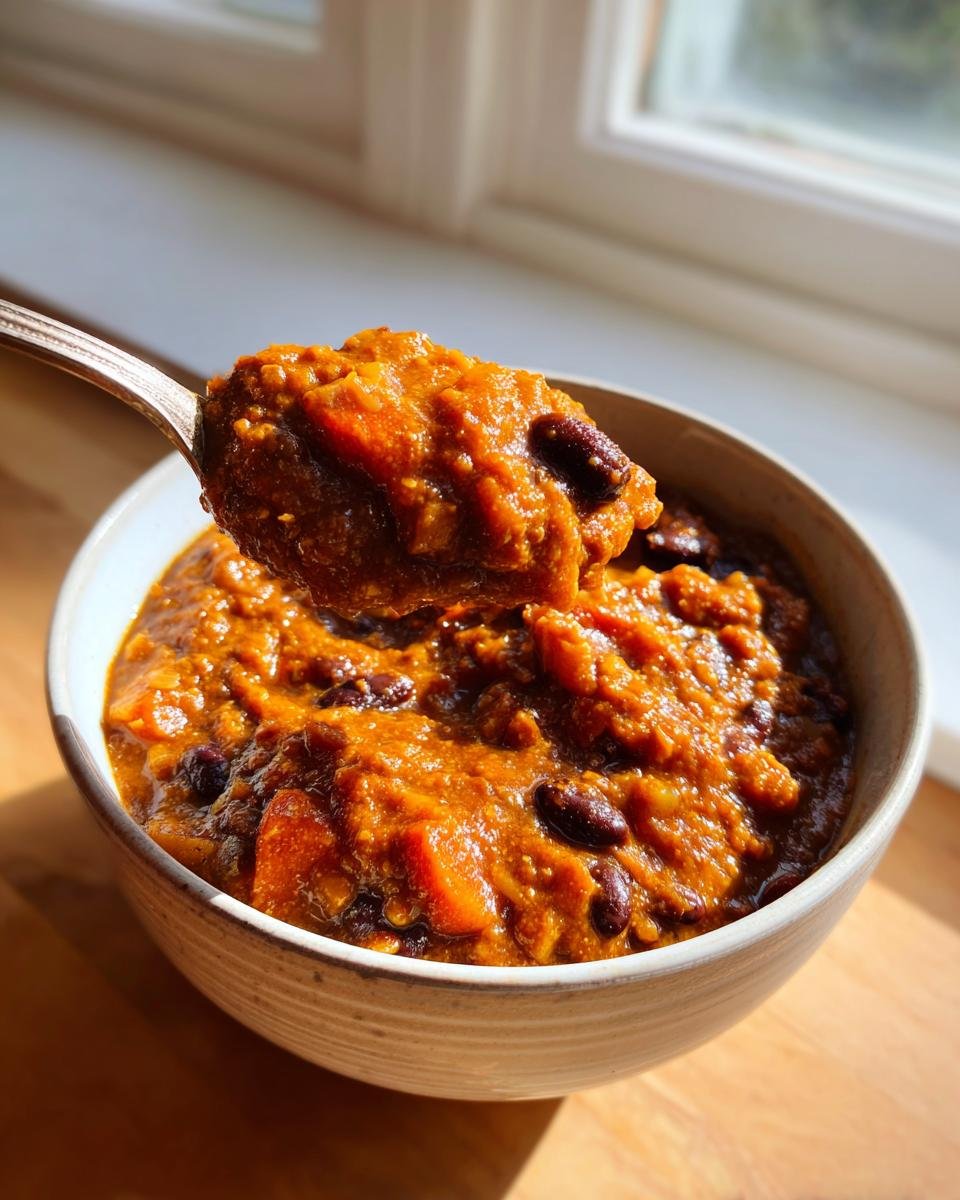 A spoonful of thick, orange Hearty Pumpkin Chili Recipe with visible black beans being lifted from a bowl.