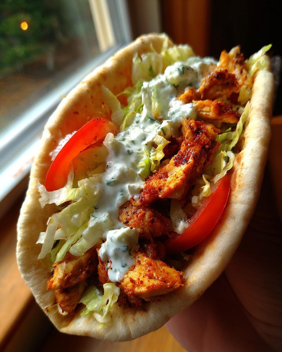 Close-up of a homemade Chicken Gyros stuffed in a pita with lettuce, tomato, and tzatziki sauce.