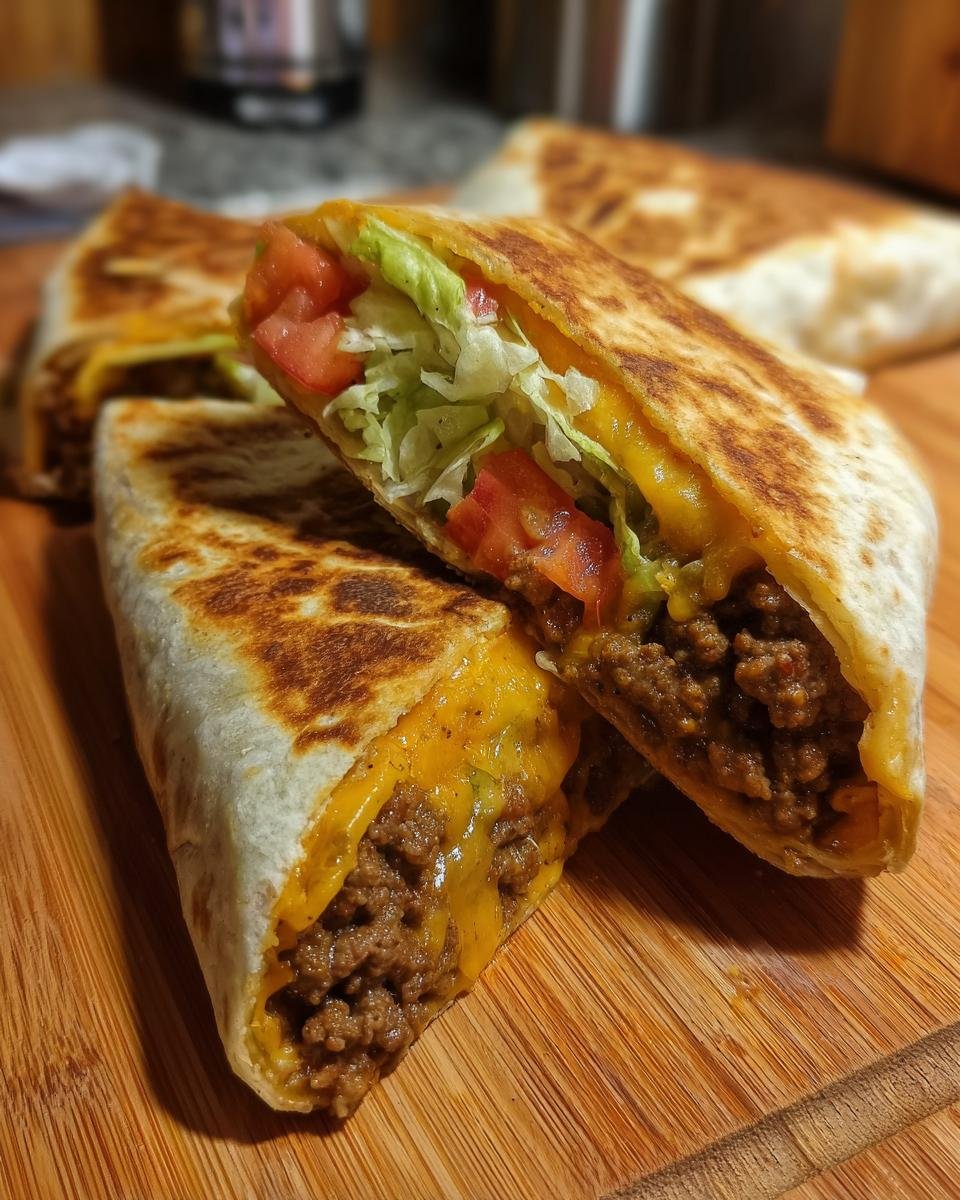 A homemade Crunchwrap Supreme cut in half, showing seasoned ground beef, melted cheese, lettuce, and tomato inside a grilled tortilla.