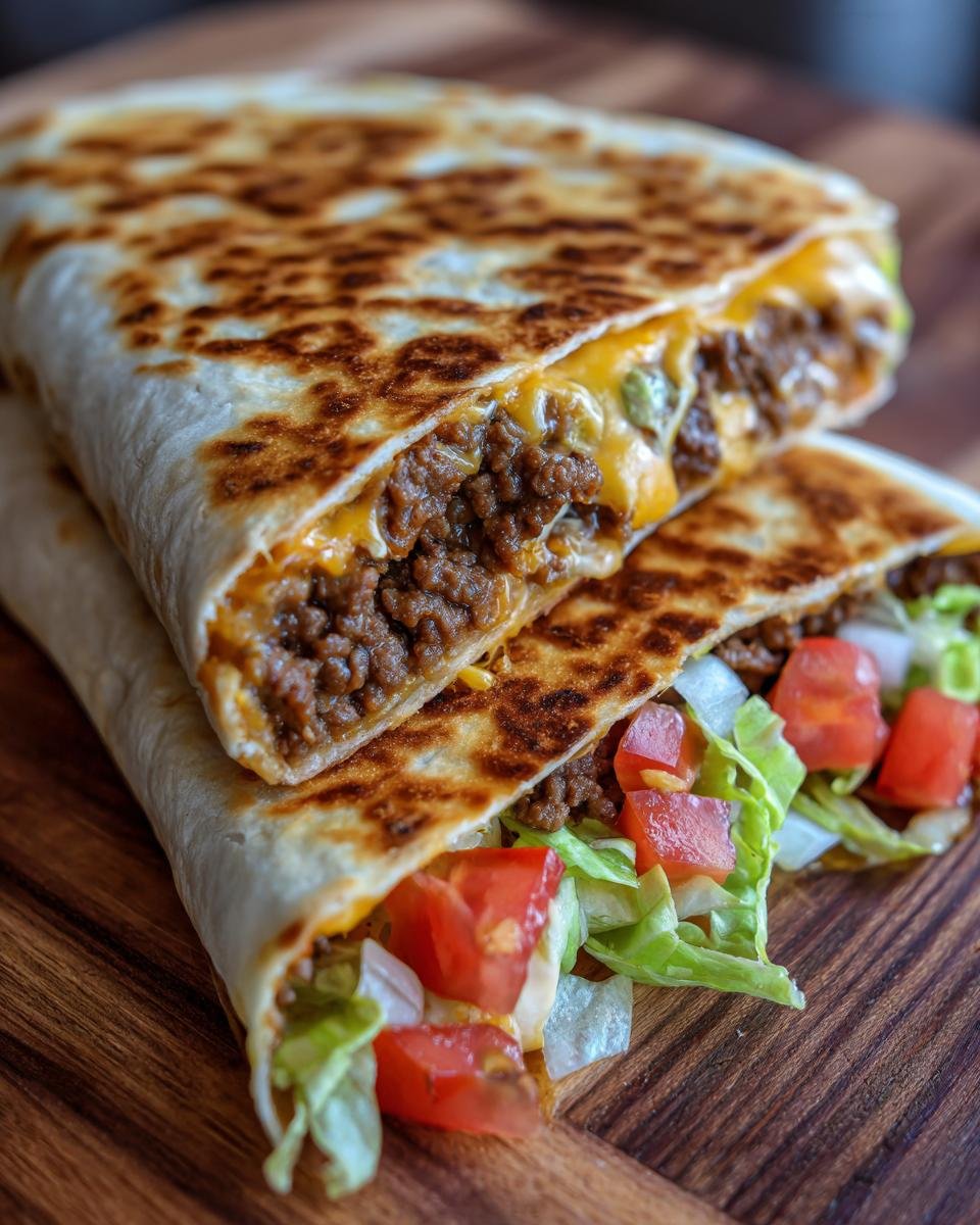 Two halves of a golden-brown, grilled Crunchwrap Supreme stacked on a wooden board, showing seasoned beef, cheese, lettuce, and tomatoes.