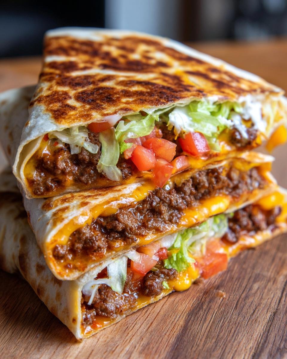 Two halves of a golden-brown, grilled Crunchwrap Supreme stacked on a wooden board, showing seasoned beef, cheese, lettuce, and tomato.