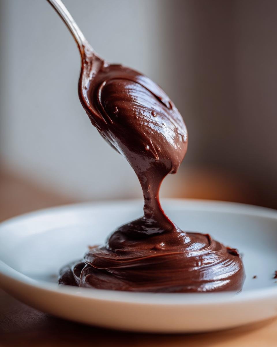 A spoonful of thick, glossy Homemade Nutella Recipe dripping onto a white plate.