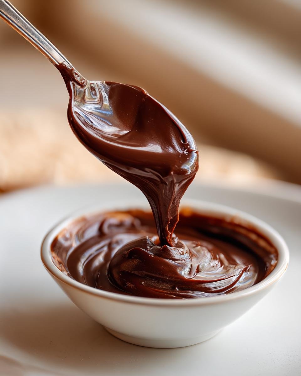 A spoonful of thick, glossy Homemade Nutella Recipe being drizzled back into a small white bowl.