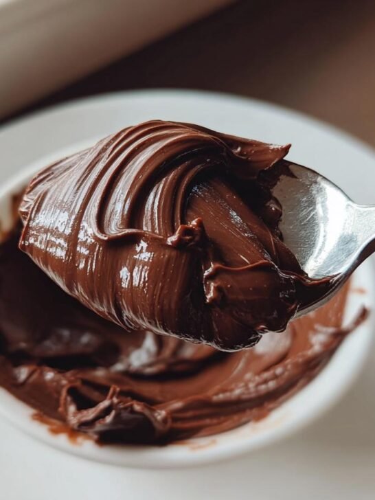 A spoonful of thick, glossy homemade Nutella recipe being lifted from a small white bowl.