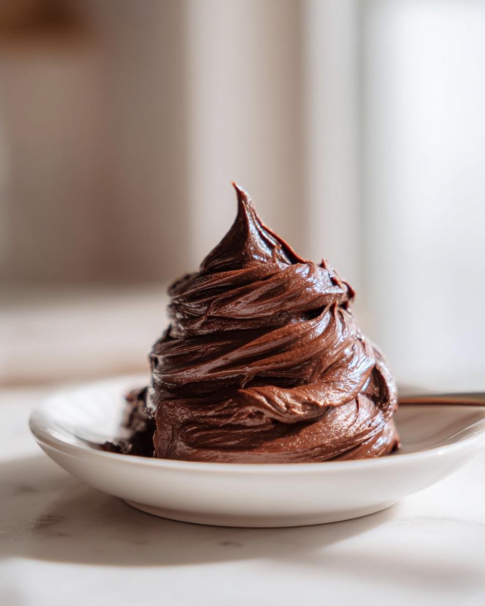 A tall, perfectly piped swirl of rich, dark Homemade Nutella Recipe spread in a small white bowl.