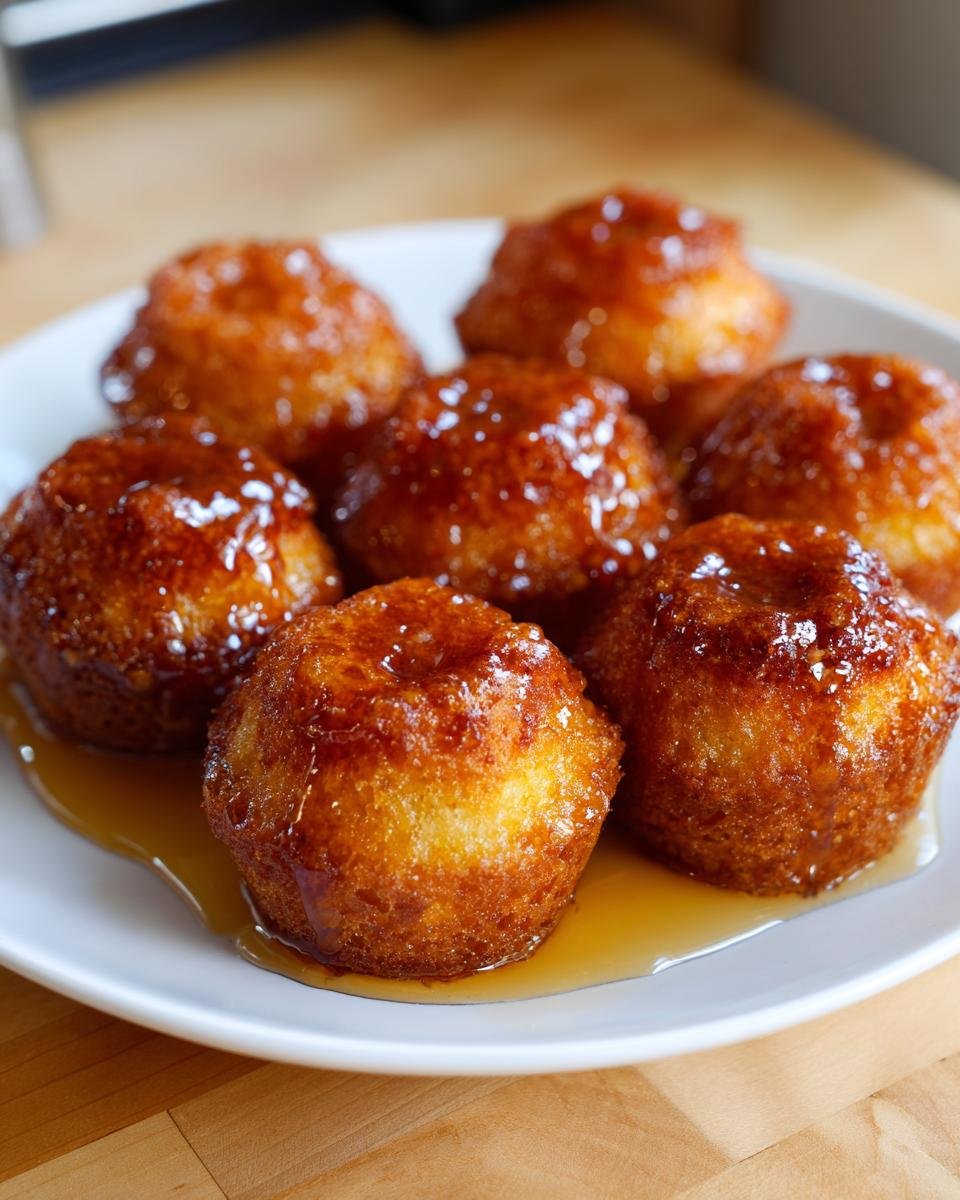 A plate of golden brown Honey Butter Cornbread Poppers drizzled generously with a shiny honey butter glaze.