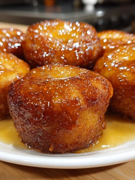 Five golden brown Honey Butter Cornbread Poppers heavily drizzled with a shiny, amber honey butter glaze.
