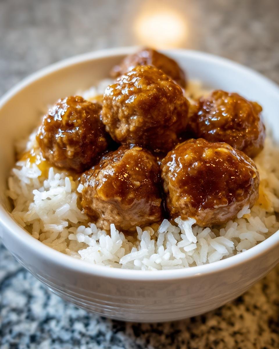 Close-up of glossy, glazed meatballs served over fluffy white rice in a white bowl.