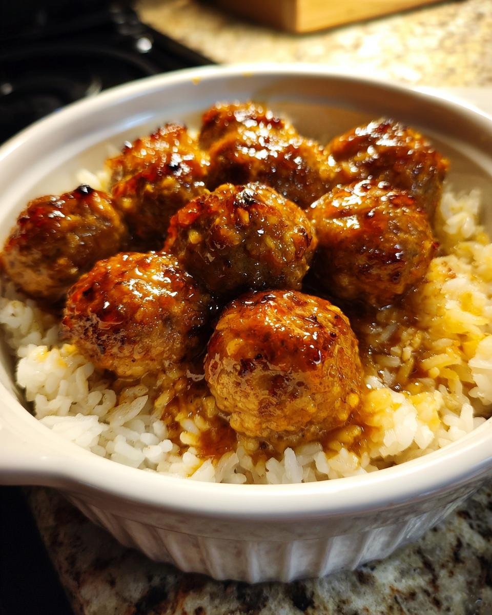 Close-up of glazed meatballs served over white rice in a white bowl, featuring the Honey Garlic Meatball Rice Bake.