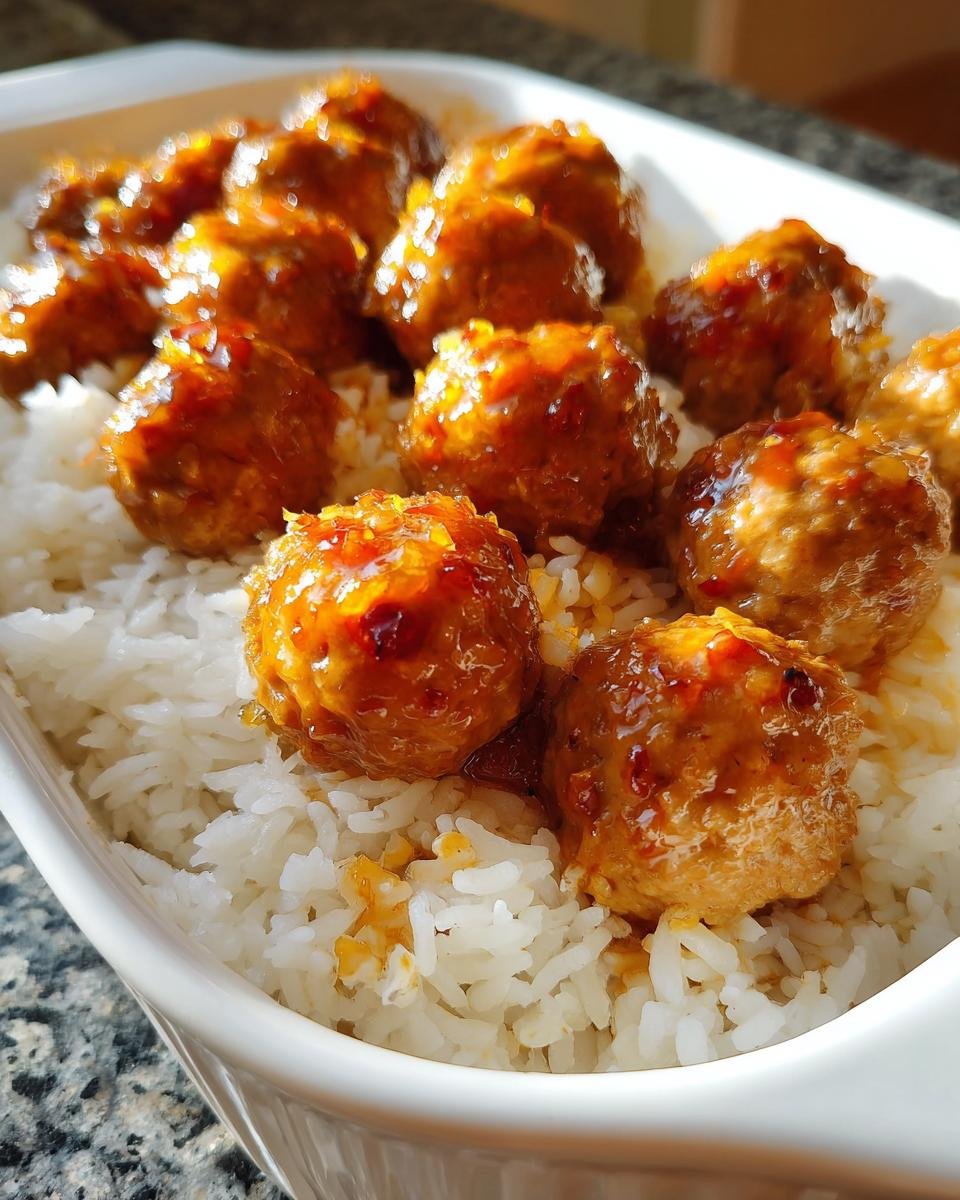 Close-up of glazed meatballs served over white rice in a white baking dish, featuring the Honey Garlic Meatball Rice Bake.