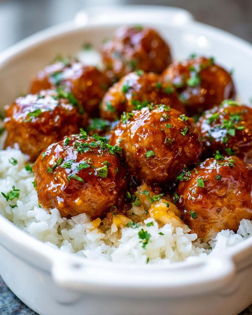 Close-up of glossy, glazed meatballs served over white rice, garnished with fresh parsley in a white baking dish.