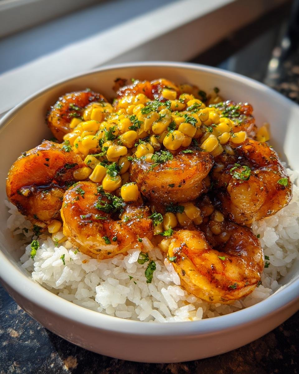 Close-up of a Honey Garlic Shrimp And Corn Rice Bowl featuring glazed shrimp and corn over white rice.