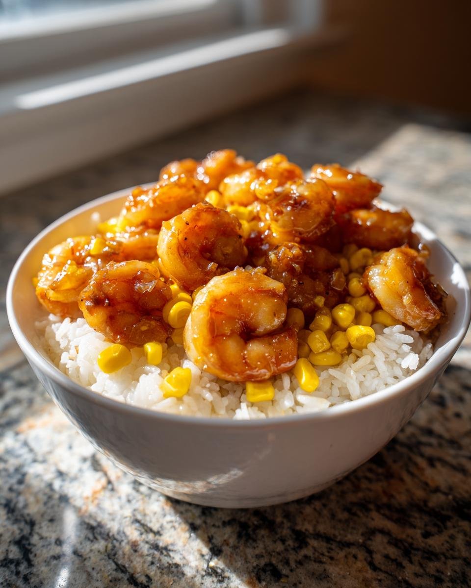 A close-up of a white bowl filled with white rice, topped with sweet corn and glossy Honey Garlic Shrimp And Corn Rice Bowl.