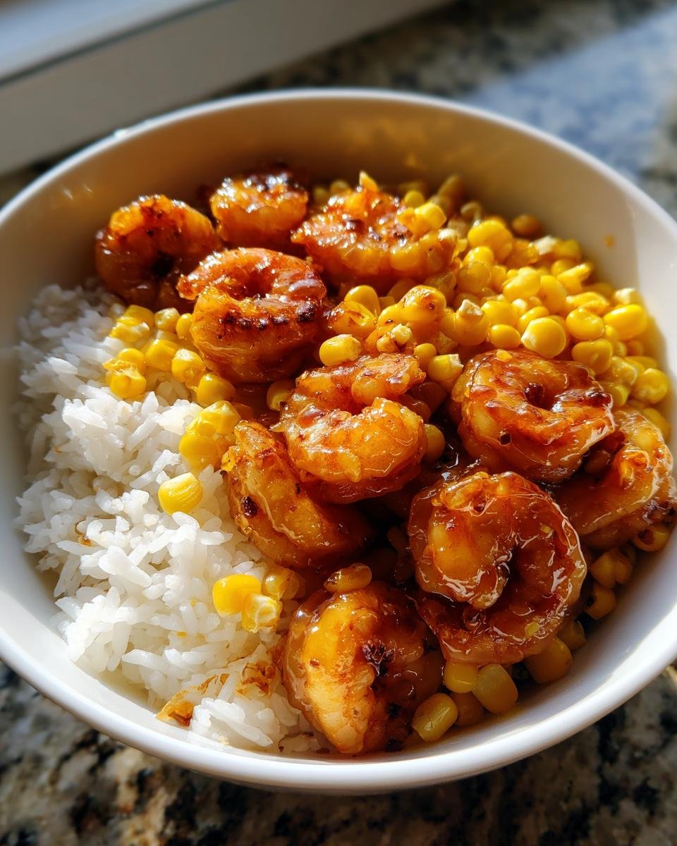 Close-up of a Honey Garlic Shrimp And Corn Rice Bowl featuring glazed shrimp, bright yellow corn, and white rice.