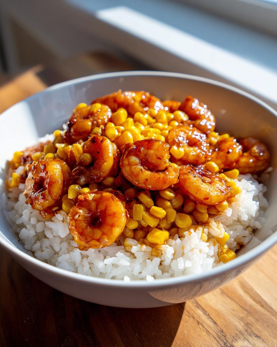 A close-up of a white bowl filled with white rice, topped with glossy Honey Garlic Shrimp And Corn Rice Bowl mixture.