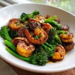 Glazed shrimp and sausage mixed with bright green broccoli florets, part of the Honey Garlic Shrimp And Sausage dish.
