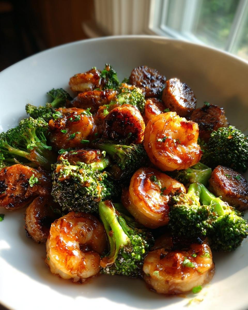 Close-up of Honey Garlic Shrimp And Sausage With Broccoli coated in a glossy sauce, served in a white bowl.