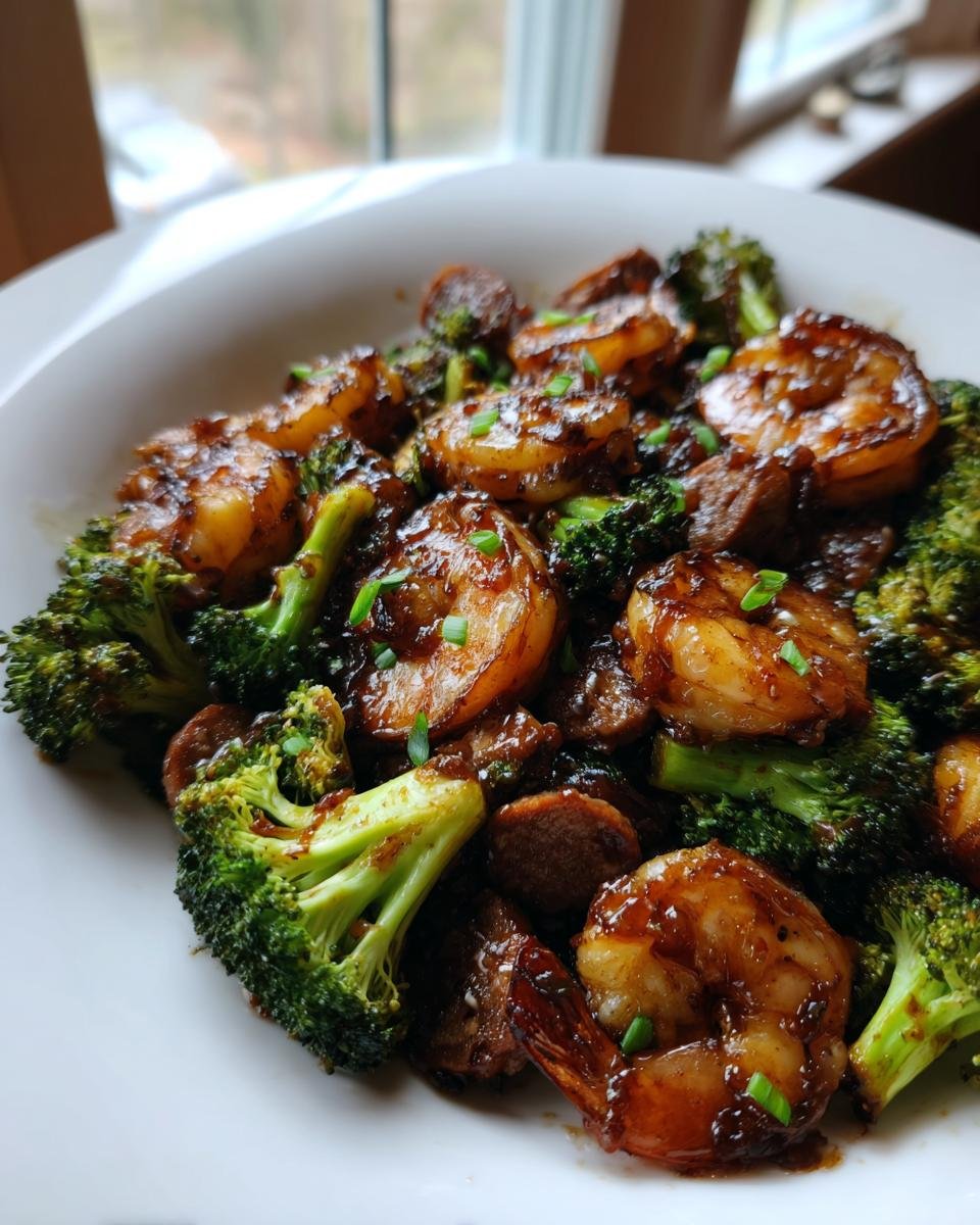 Close-up of Honey Garlic Shrimp And Sausage With Broccoli coated in a glossy sauce and garnished with chives.