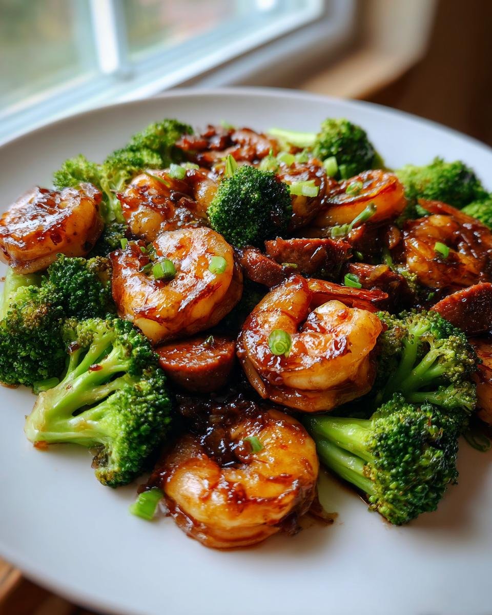 Close-up of Honey Garlic Shrimp And Sausage With Broccoli coated in a glossy sauce, garnished with green onions.