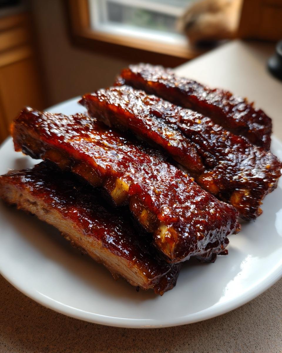 A stack of glistening, saucy Honey Jalapeno Party Ribs served on a white plate.