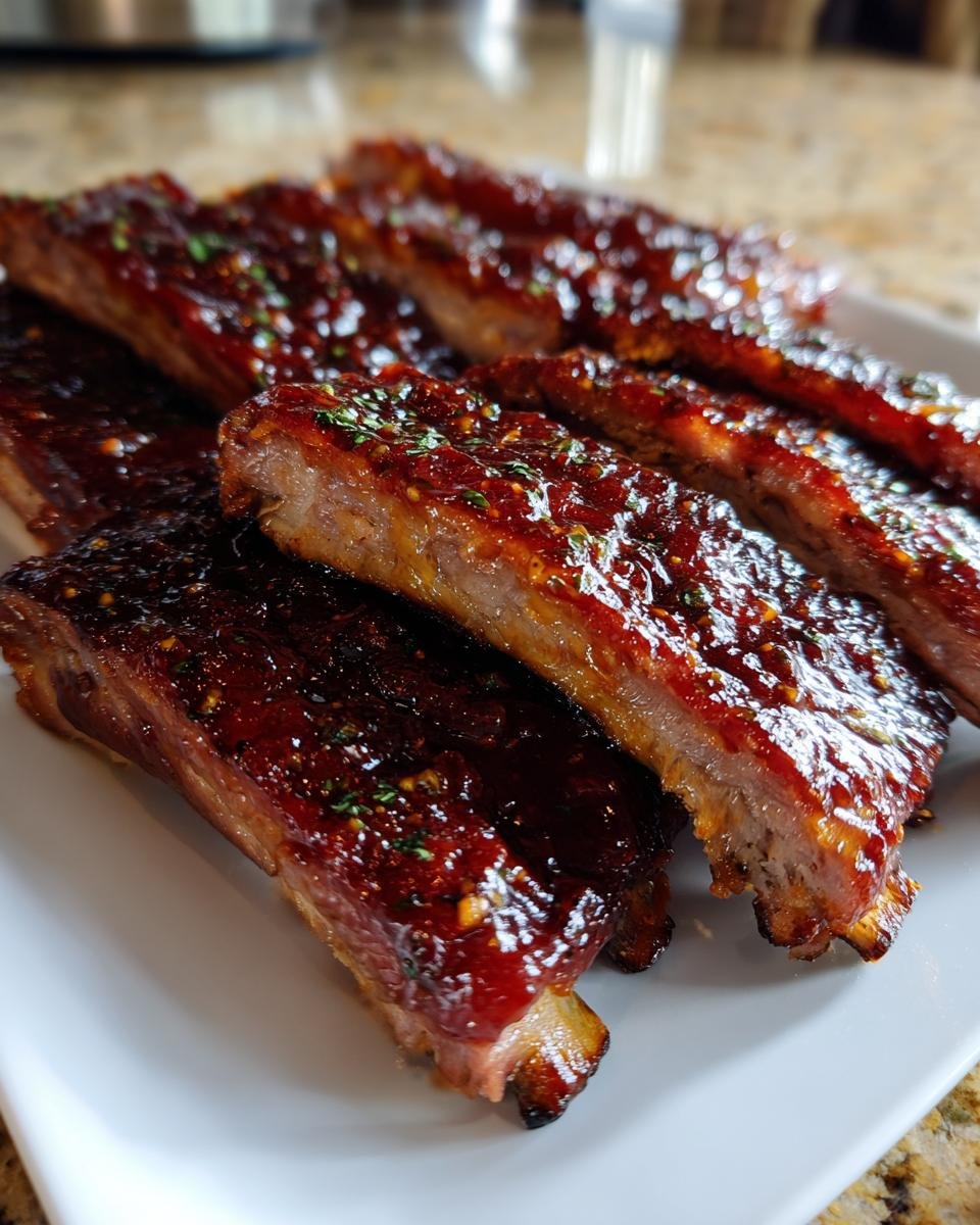 Close-up of tender Honey Jalapeno Party Ribs coated in a thick, glossy, dark red glaze and sprinkled with herbs.