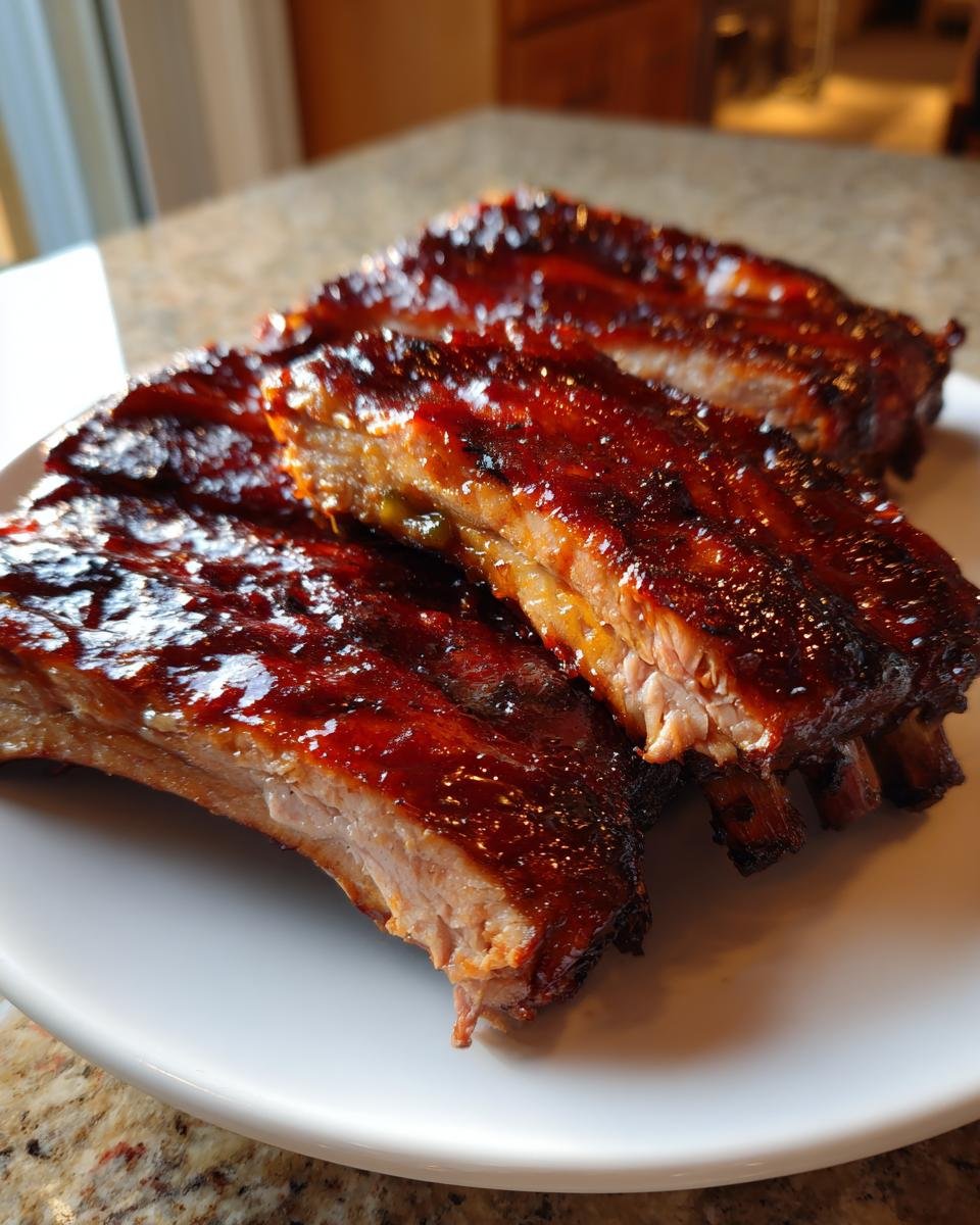 Close-up of tender Honey Jalapeno Party Ribs covered in a thick, glossy barbecue glaze.