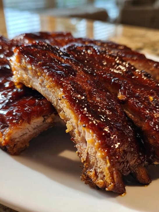 Close-up of tender Honey Jalapeno Party Ribs coated in a thick, shiny, dark glaze on a white plate.