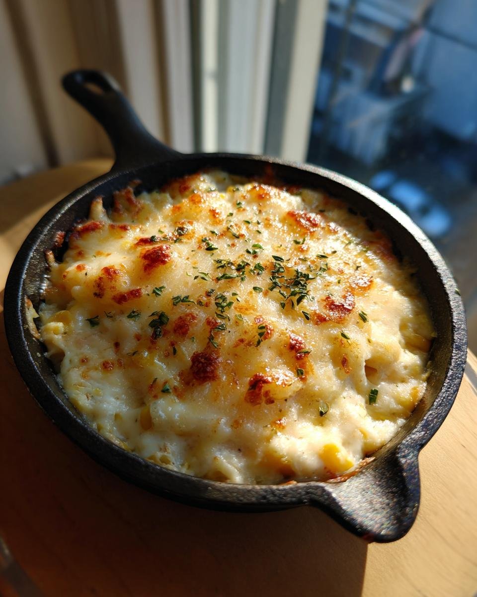 Close-up of hot, cheesy Crack Corn Dip baked until bubbly and golden brown in a small cast iron skillet.