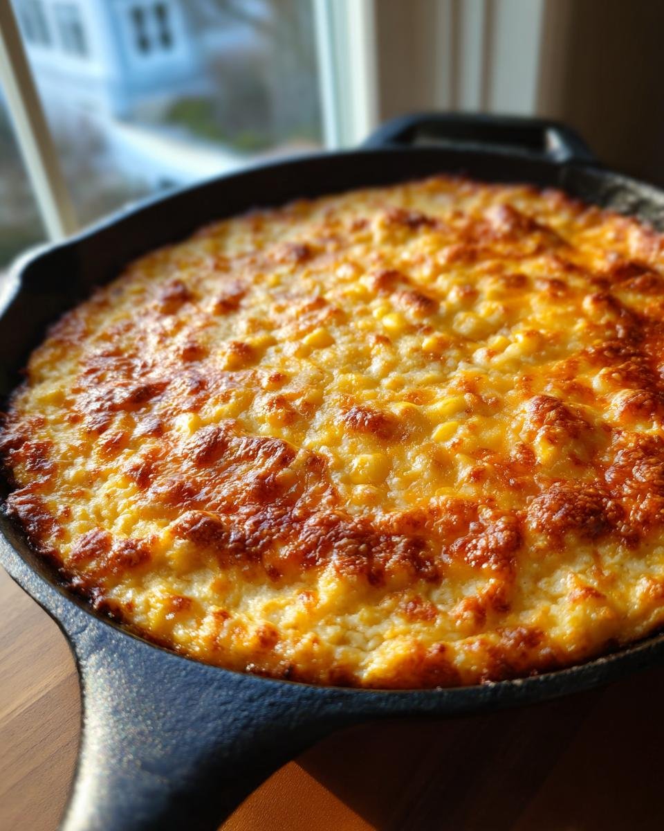 Close-up of baked Crack Corn Dip with a bubbly, golden-brown cheesy top in a black cast iron skillet.
