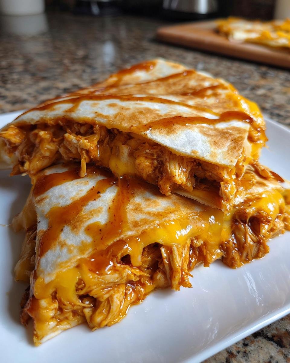 Close-up of two stacked Hot Honey Chicken Quesadillas oozing melted cheese and drizzled with sauce.