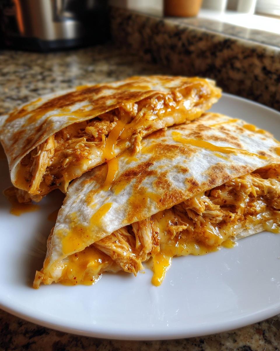 Two halves of a grilled tortilla filled with shredded chicken and melted cheddar cheese, representing Hot Honey Chicken Quesadillas.