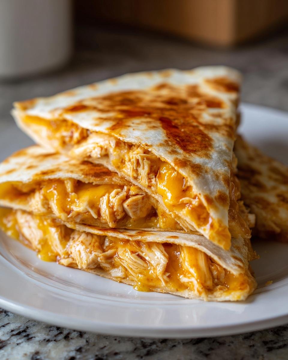 Close-up of stacked Hot Honey Chicken Quesadillas showing shredded chicken and melted orange cheese.