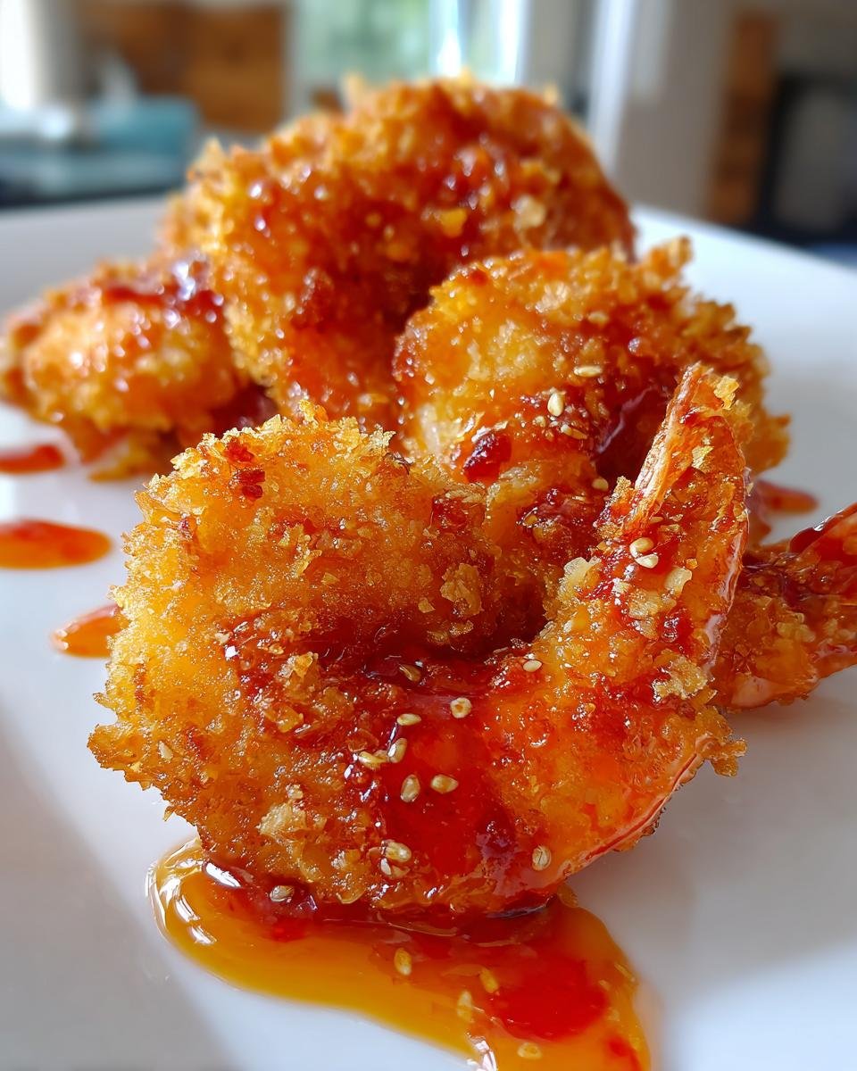 Close-up of crispy Hot Honey Fried Shrimp coated in a sweet and spicy glaze and sesame seeds.