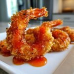 Close-up of crispy, fried shrimp coated in a vibrant orange hot honey glaze, served on a white plate.