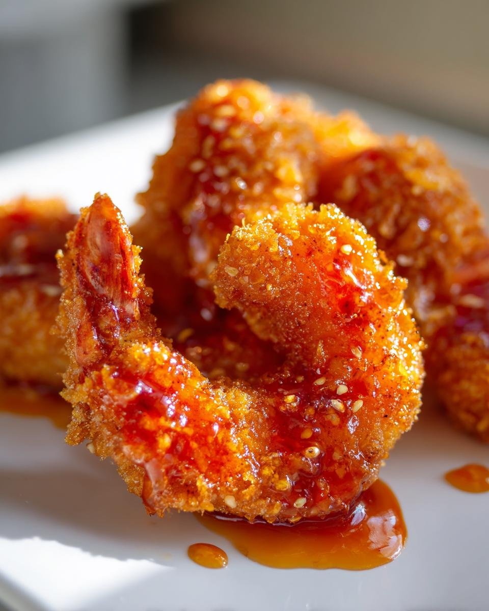 Close-up of crispy, golden Hot Honey Fried Shrimp coated in a glossy, sweet and spicy glaze with sesame seeds.