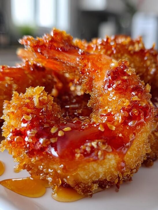 Close-up of crispy, golden Hot Honey Fried Shrimp drizzled with a thick, glossy honey glaze and sesame seeds.