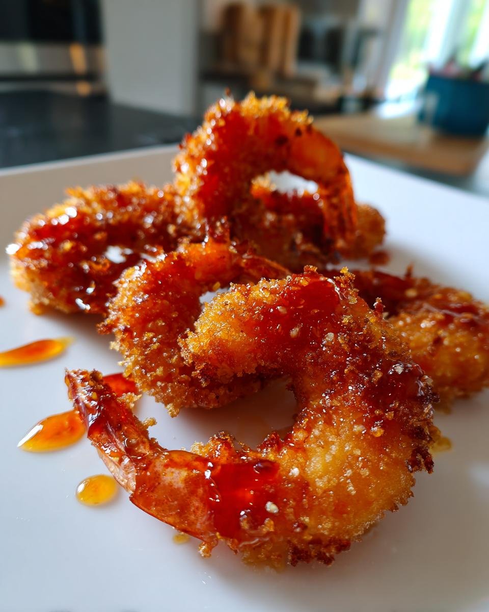 Close-up of crispy, golden-brown Hot Honey Fried Shrimp drizzled with sweet, spicy glaze on a white plate.