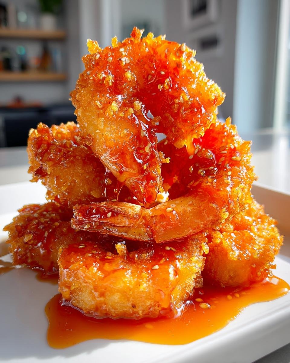 A close-up stack of crispy, golden Hot Honey Fried Shrimp drizzled generously with a glossy, orange-red glaze and sesame seeds.